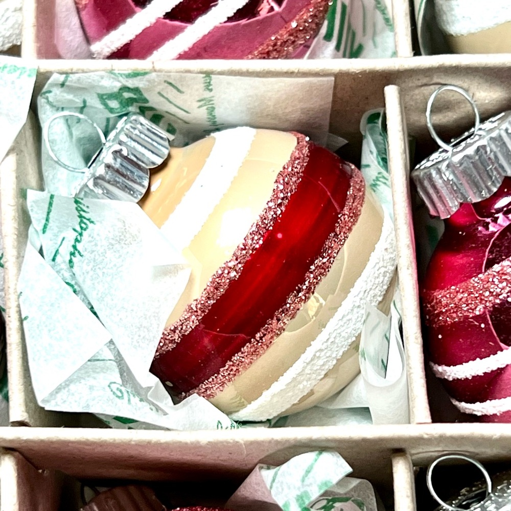 20 Christmas Radko Glass Ball Ornaments Burgundy Beige White Pink Glitter Stripe - Picture 4 of 15